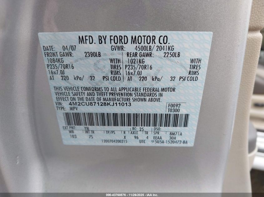 2008 Mercury Mariner Premier VIN: 4M2CU87128KJ11013 Lot: 43768576