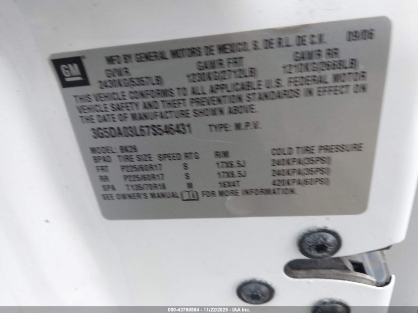 2007 Buick Rendezvous Cxl VIN: 3G5DA03L67S546431 Lot: 43768584