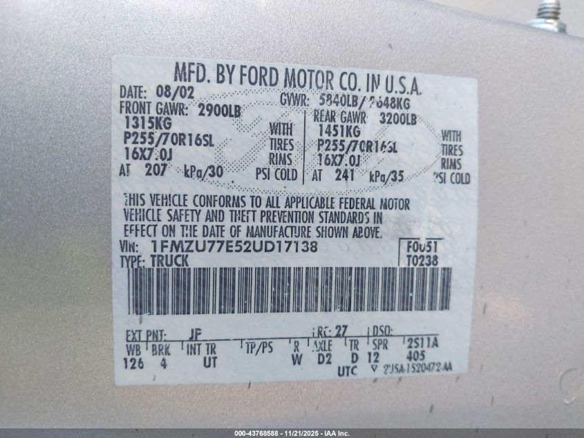 2002 Ford Explorer Sport Trac VIN: 1FMZU77E52UD17138 Lot: 43768588