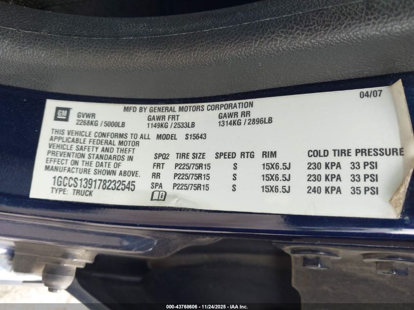 2007 Chevrolet Colorado Lt VIN: 1GCCS139178232545 Lot: 43768606