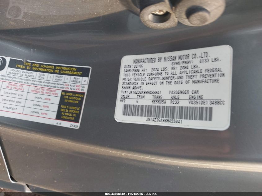 2006 Nissan 350Z Touring VIN: JN1AZ36A96M455641 Lot: 43768632