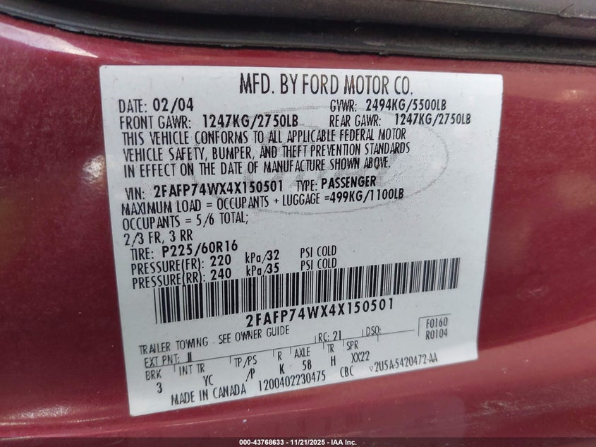 2004 Ford Crown Victoria Lx VIN: 2FAFP74WX4X150501 Lot: 43768633