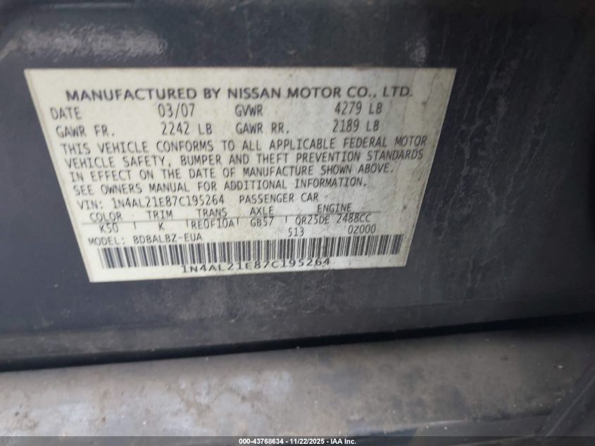 2007 Nissan Altima 2.5 S VIN: 1N4AL21E87C195264 Lot: 43768634