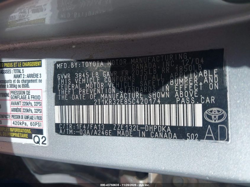 2005 Toyota Matrix VIN: 2T1KR32E85C420174 Lot: 43768635