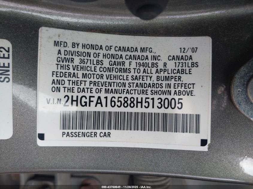 2008 Honda Civic Lx VIN: 2HGFA16588H513005 Lot: 43768649