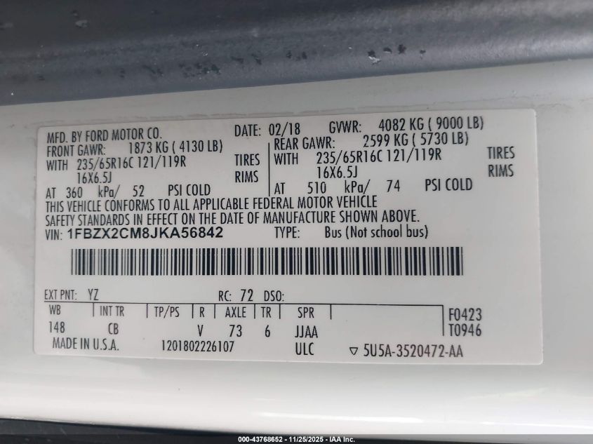 2018 Ford Transit-350 Xlt VIN: 1FBZX2CM8JKA56842 Lot: 43768652