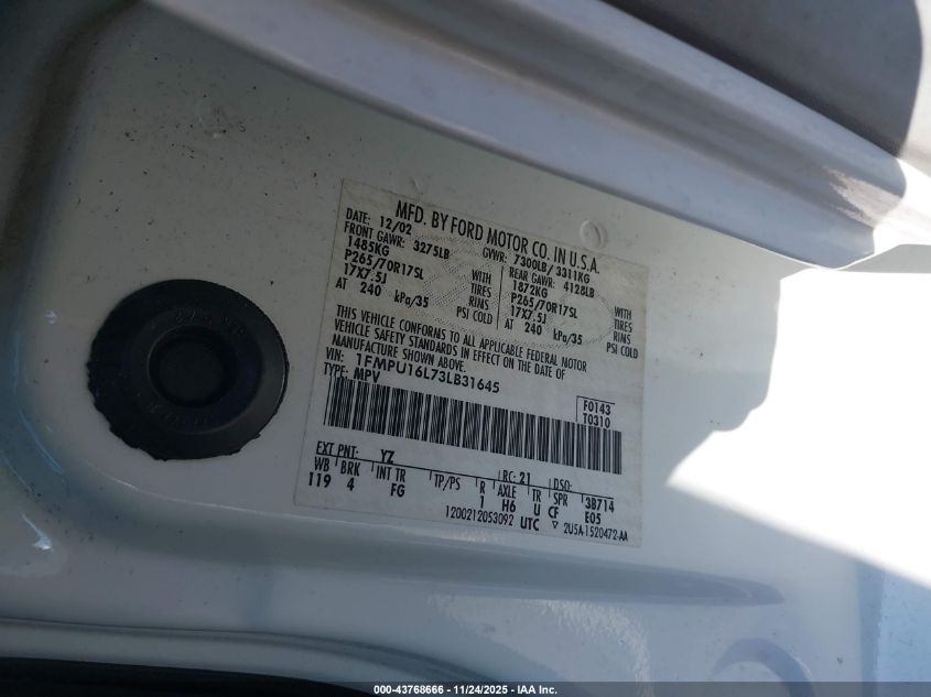 2003 Ford Expedition Xlt VIN: 1FMPU16L73LB31645 Lot: 43768666