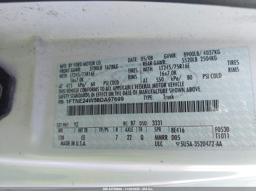 2008 Ford E-250 Commercial/Recreational VIN: 1FTNE24W58DA97699 Lot: 43768686