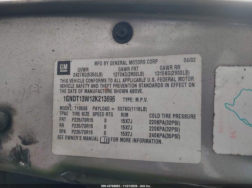 2002 Chevrolet Blazer Ls VIN: 1GNDT13W12K213696 Lot: 43768692