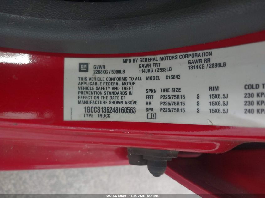 2004 Chevrolet Colorado Ls VIN: 1GCCS136248160563 Lot: 43768693