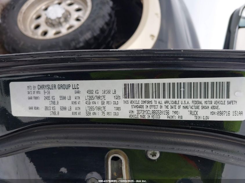 2011 Ram Ram 3500 Laramie VIN: 3D73Y3CL8BG520156 Lot: 43768695