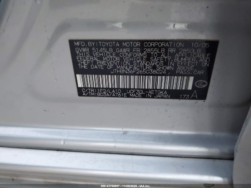 2006 Lexus Ls 430 VIN: JTHBN36F265038024 Lot: 43768697