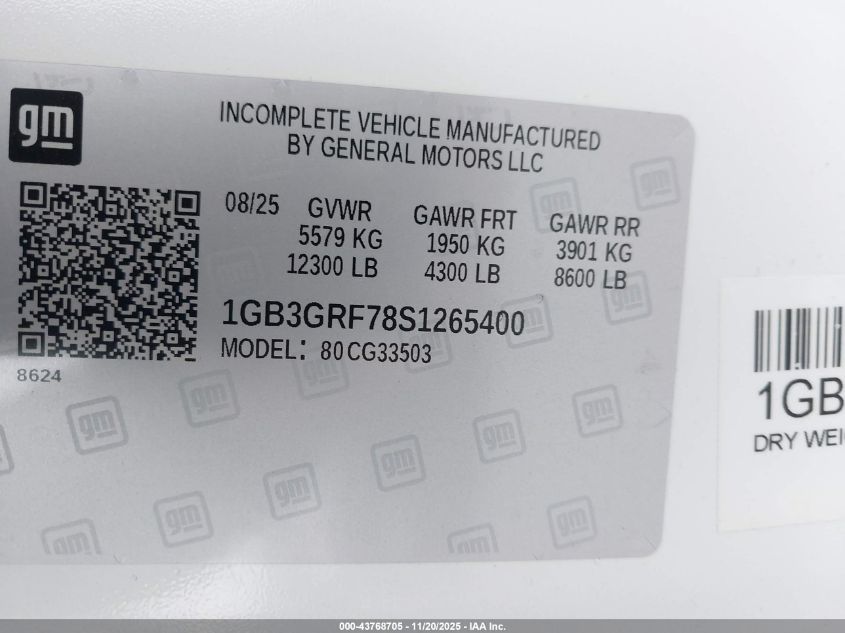 2025 Chevrolet Express Cutaway Work Van VIN: 1GB3GRF78S1265400 Lot: 43768705