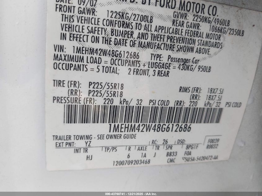 2008 Mercury Sable Premier VIN: 1MEHM42W48G612686 Lot: 43768741