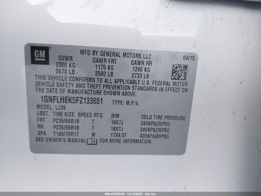 2015 Chevrolet Equinox Ltz VIN: 1GNFLHEK5FZ133651 Lot: 43768748