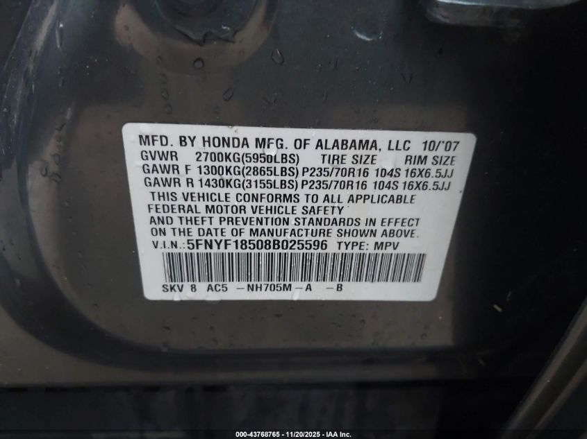 2008 Honda Pilot Ex-L VIN: 5FNYF18508B025596 Lot: 43768765