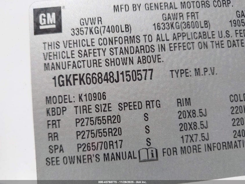 2008 GMC Yukon Xl 1500 Denali VIN: 1GKFK66848J150577 Lot: 43768775