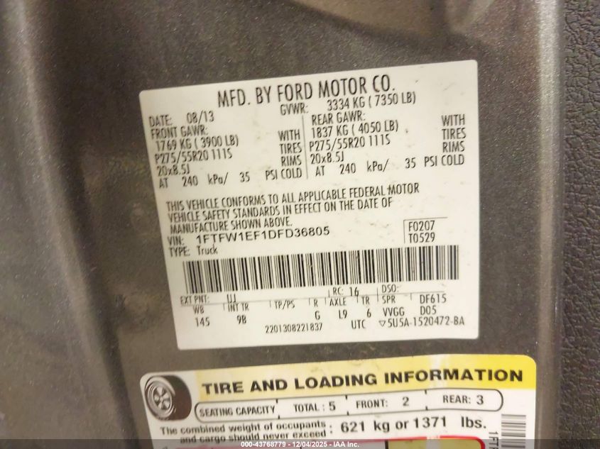 2013 Ford F-150 Platinum VIN: 1FTFW1EF1DFD36805 Lot: 43768779