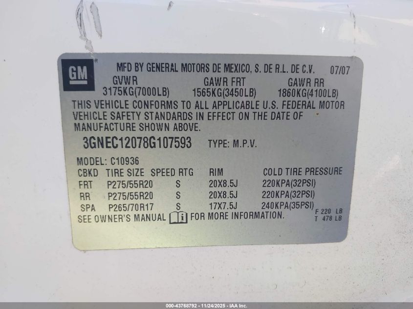 2008 Chevrolet Avalanche 1500 Lt VIN: 3GNEC12078G107593 Lot: 43768792