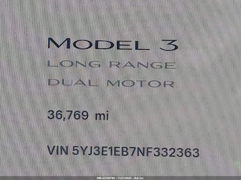 2022 Tesla Model 3 Long Range Dual Motor All-Wheel Drive VIN: 5YJ3E1EB7NF332363 Lot: 43768794