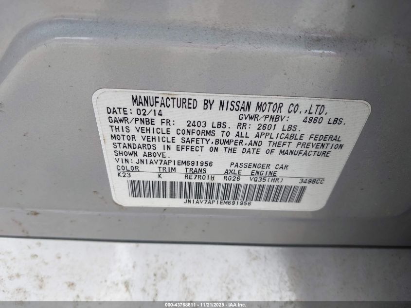 2014 Infiniti Q50 Hybrid Sport VIN: JN1AV7AP1EM691956 Lot: 43768811