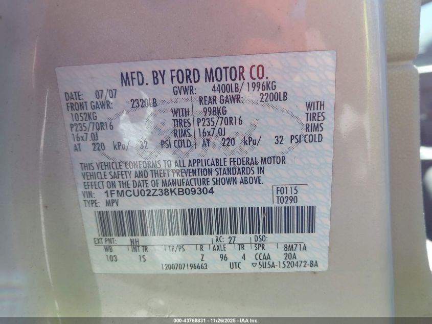 2008 Ford Escape Xls VIN: 1FMCU02Z38KB09304 Lot: 43768831