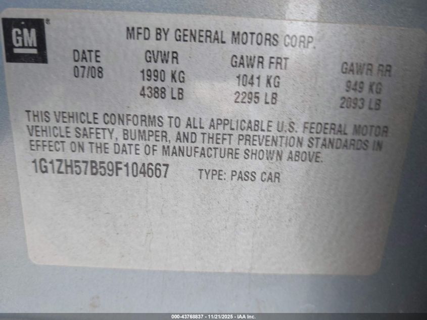 2009 Chevrolet Malibu Lt VIN: 1G1ZH57B59F104667 Lot: 43768837