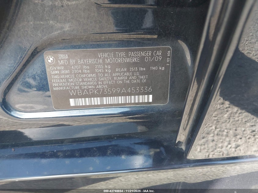 2009 BMW 328I xDrive VIN: WBAPK73599A453336 Lot: 43768854