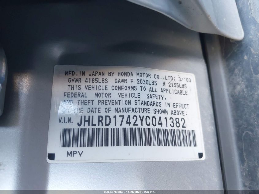 2000 Honda Cr-V Lx VIN: JHLRD1742YC041382 Lot: 43768860