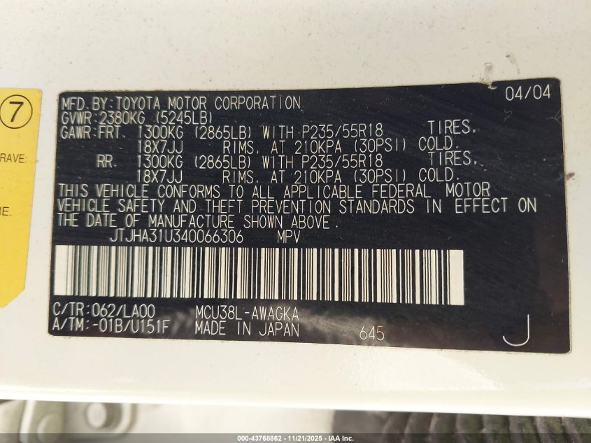 2004 Lexus Rx 330 VIN: JTJHA31U340066306 Lot: 43768862