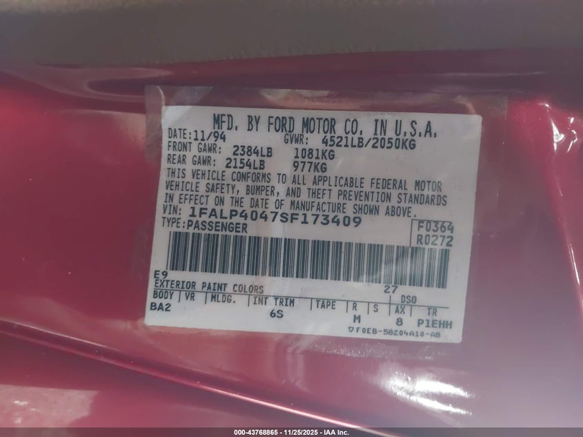 1995 Ford Mustang VIN: 1FALP4047SF173409 Lot: 43768865