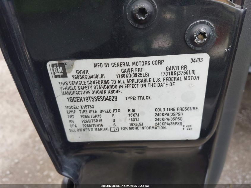 2003 Chevrolet Silverado 1500 Ls VIN: 1GCEK19T53E304628 Lot: 43768866