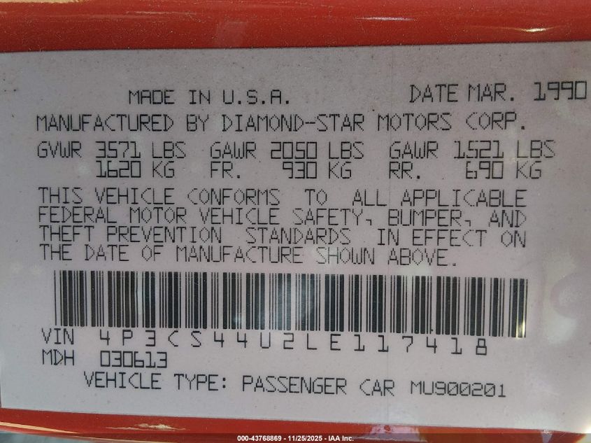 1990 Plymouth Laser Rs VIN: 4P3CS44U2LE117418 Lot: 43768869