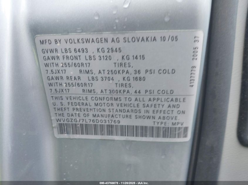 2006 Volkswagen Touareg V6 VIN: WVGZG77L76D031769 Lot: 43768878
