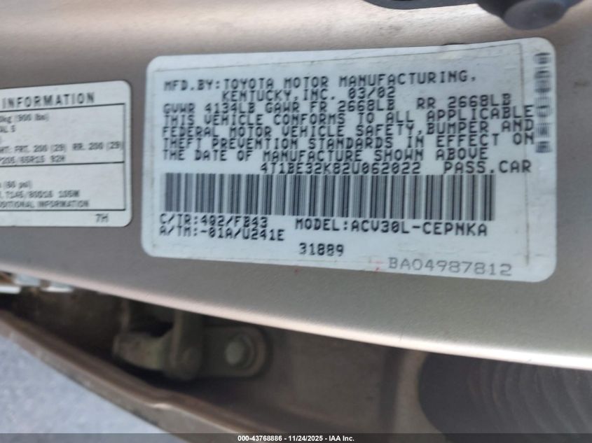 2002 Toyota Camry VIN: ZT1BE32K82U062022 Lot: 43768886