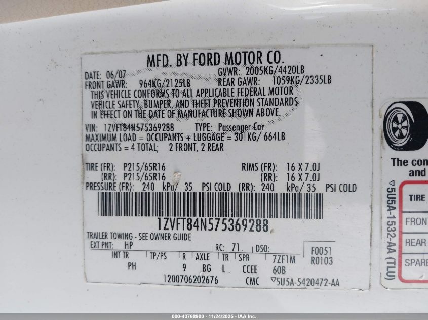 2007 Ford Mustang V6 Deluxe/V6 Premium VIN: 1ZVFT84N575369288 Lot: 43768900