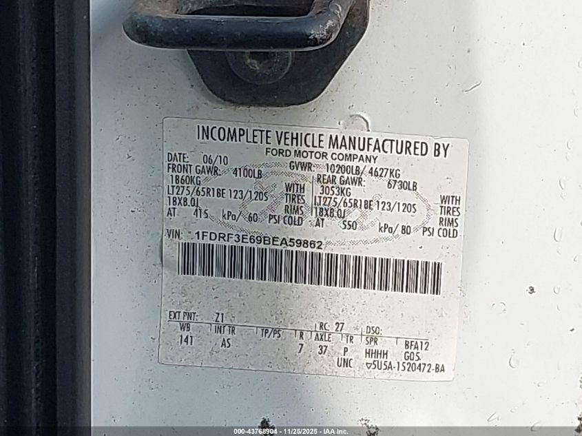 2011 Ford F-350 Chassis Xl VIN: 1FDRF3E69BEA59862 Lot: 43768904