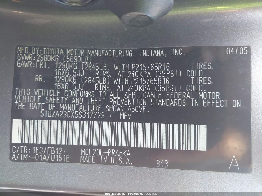 2005 Toyota Sienna Le VIN: 5TDZA23CX5S317729 Lot: 43768915