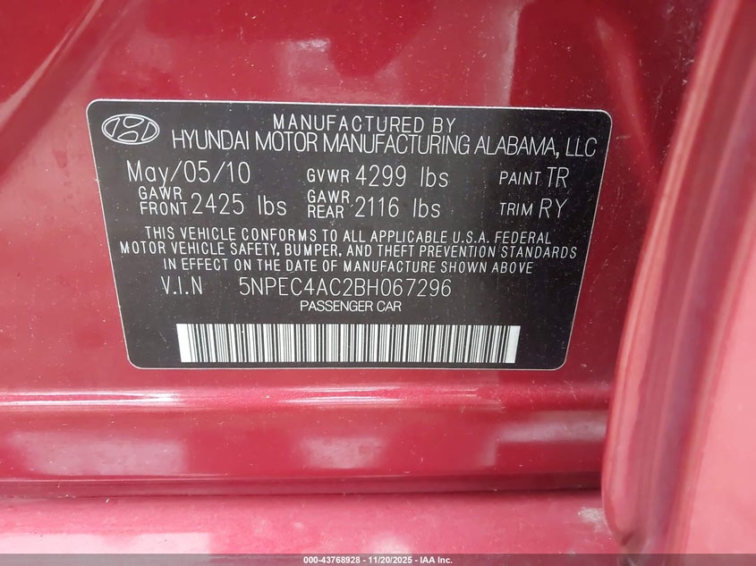 5NPEC4AC2BH067296 2011 HYUNDAI SONATA photo no. 9