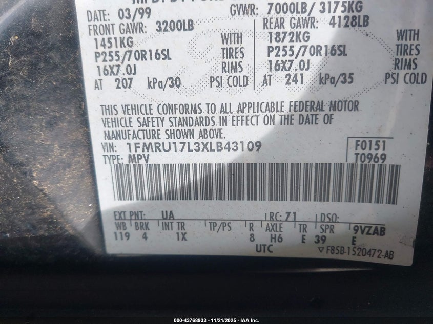 1999 Ford Expedition Eddie Bauer/Xlt VIN: 1FMRU17L3XLB43109 Lot: 43768933