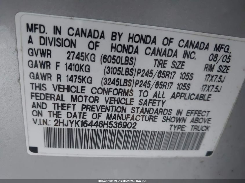 2006 Honda Ridgeline Rts VIN: 2HJYK16446H536902 Lot: 43768939