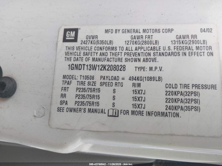 2002 Chevrolet Blazer Ls VIN: 1GNDT13W12K208028 Lot: 43768942