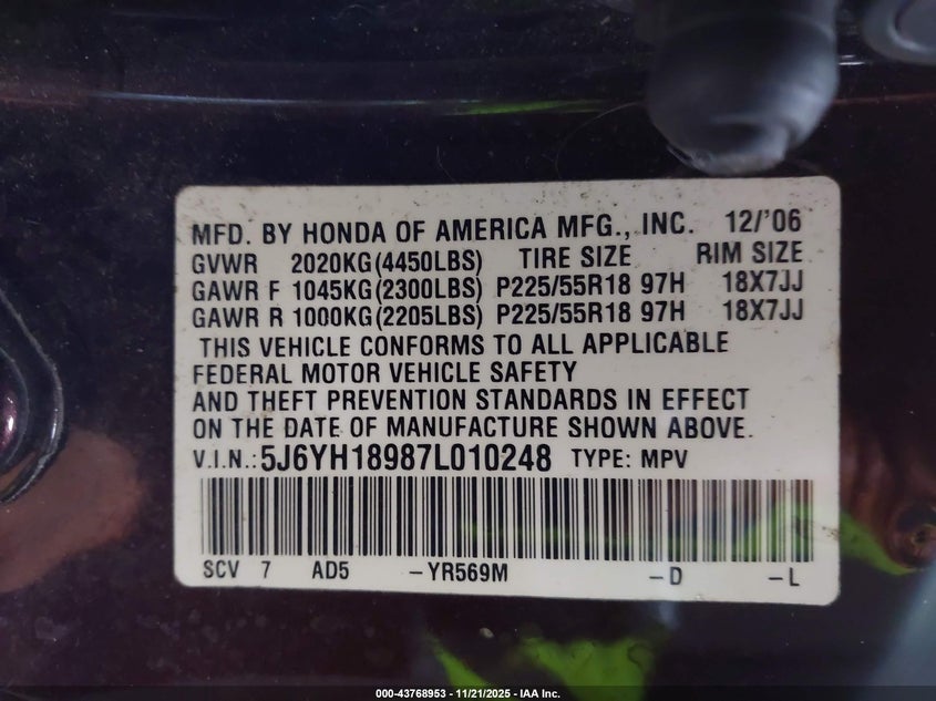 2007 Honda Element Sc VIN: 5J6YH18987L010248 Lot: 43768953