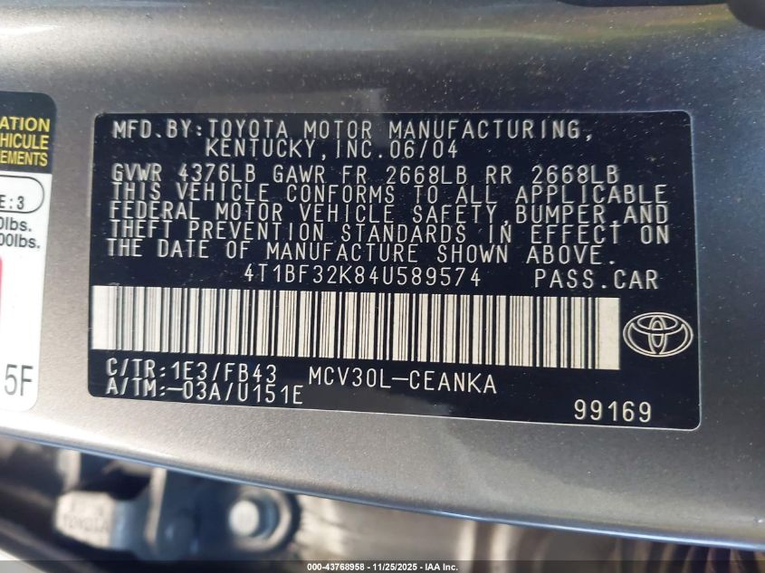 2004 Toyota Camry Le V6 VIN: 4T1BF32K84U589574 Lot: 43768958