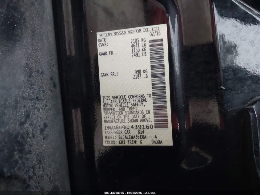 2016 Nissan Maxima 3.5 Sl VIN: 1N4AA6AP3GC439160 Lot: 43768965