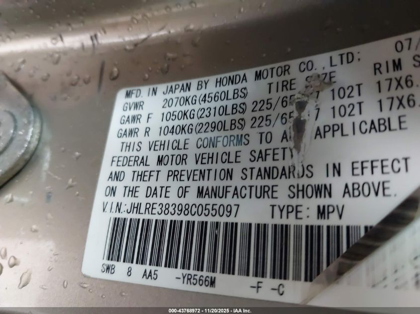 2008 Honda Cr-V Lx VIN: JHLRE38398C055097 Lot: 43768972
