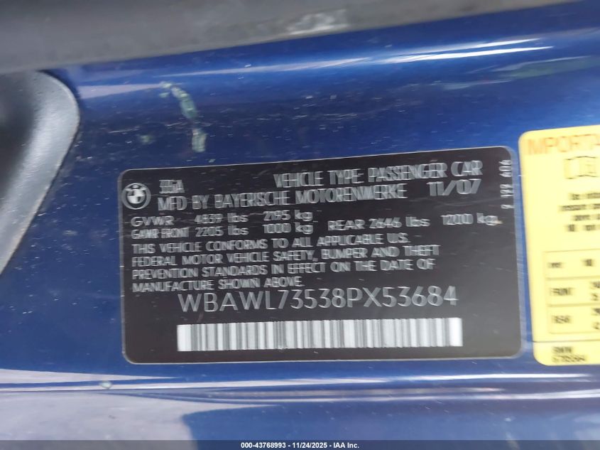 2008 BMW 335I VIN: WBAWL73538PX53684 Lot: 43768993