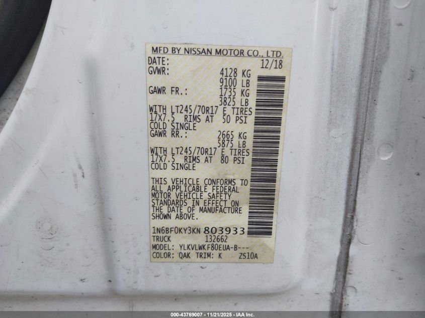 2019 Nissan Nv Cargo Nv2500 Hd S V6 VIN: 1N6BF0KY3KN803933 Lot: 43769007