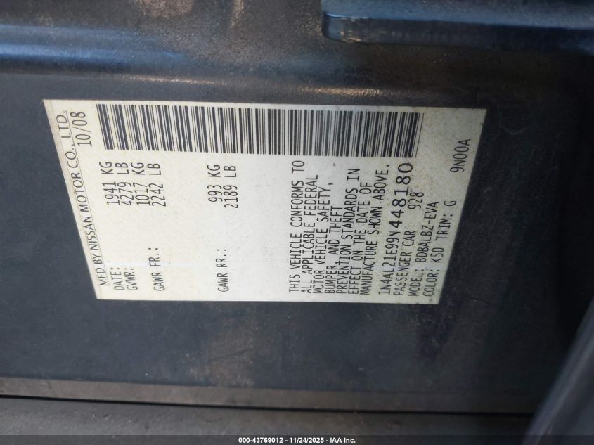 2009 Nissan Altima 2.5 S VIN: 1N4AL21E99N448180 Lot: 43769012