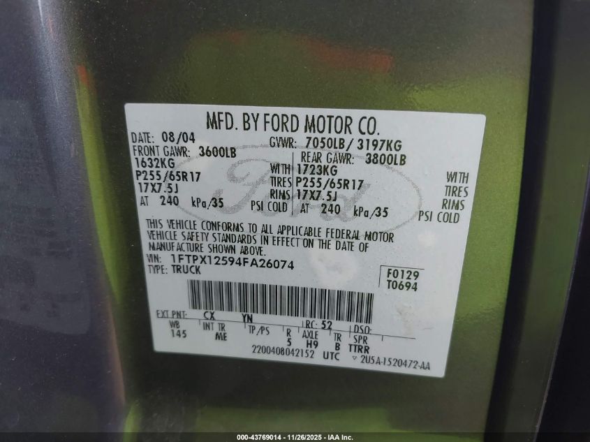2004 Ford F-150 Lariat/Xl/Xlt VIN: 1FTPX12594FA26074 Lot: 43769014